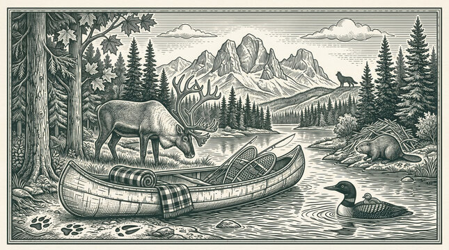 Vintage engraved of a canadian landscape with a canoe, reindeer, and beaver generated using ai