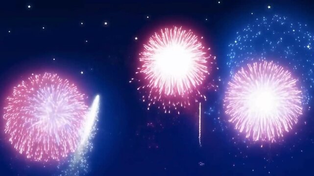 Flat vector animation of night sky with red, white, and blue fireworks bursting in smooth looping motion, simple stars background, patriotic color palette, clean 2D motion graphic style.