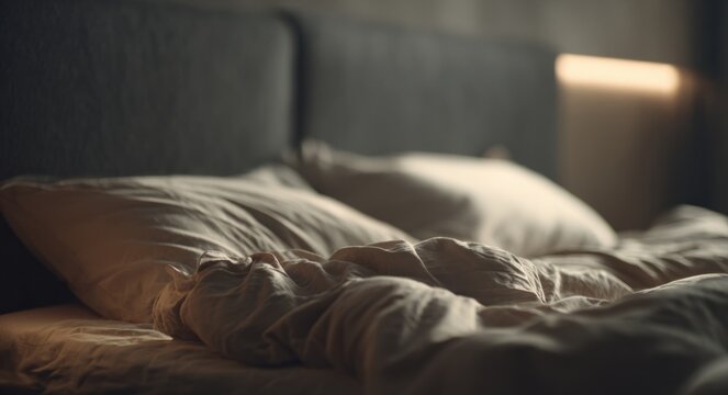 Cinematic photograph of an unmade bed with beige linens in a dimly lit room