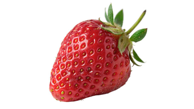 Single fresh organic red strawberry with a green stem for healthy fruit snack nutrition isolated on transparent background