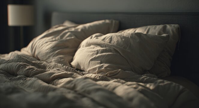 Cinematic photograph of an unmade bed with beige linens, textured fabric, and soft lighting creating a cozy and inviting atmosphere