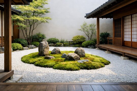 日本の伝統的な和室の縁側から眺める美しい苔と石と白砂利で構成された枯山水の庭園