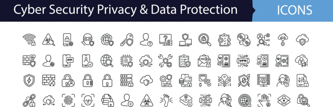 Minimalist outline collection featuring cyber attack, malware detection, ransomware, GDPR, SCADA protection, secure cloud, biometric authentication, ethical hacking, network defense concepts