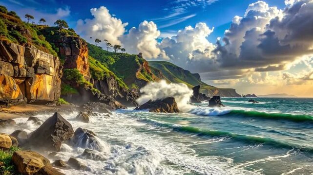 Beautiful coastal landscape with waves crashing against the rocky shore