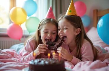 Obraz premium Twin sisters celebrate birthday morning in bed, wearing pajamas, party hats. Excited girls eat cake with balloons, candles in festive bedroom atmosphere. Children share sweet treats, happy moments