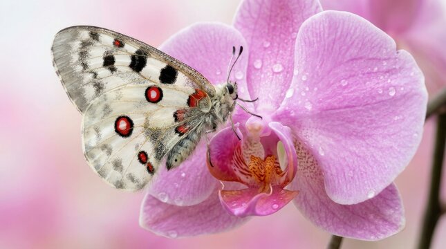 Parnassius Apollo Butterfly on Pink Orchid Petals