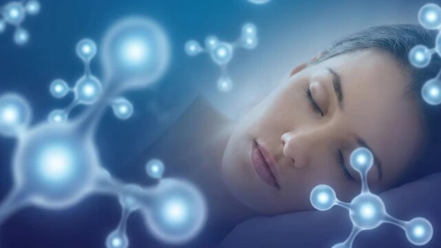 Melatonin sleep hormone molecules floating over a woman sleeping peacefully, scientific visualization of deep rest