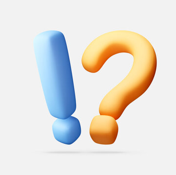 Exclamation mark and question mark 3D icons. Conceptual illustration of uncertainty, confusion, solution, faq, choice, and decision. Minimalist design for business presentation. Vector illustration.
