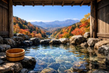 Fototapeta premium 紅葉が鮮やかに彩る山々を眺めながらリラックスできる開放的な露天風呂と木製の手桶