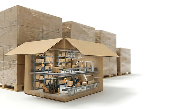Warehouse interior with robotic arms, shipping, and stacked boxes
