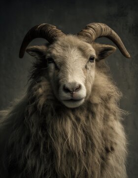 A striking portrait of a ram with impressive horns.