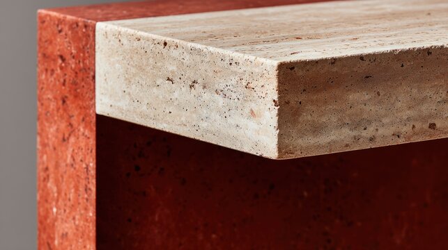 Close-animated movie detail of a modern minimalist concrete and terracotta architectural structure emphasizing clean lines and textured surfaces