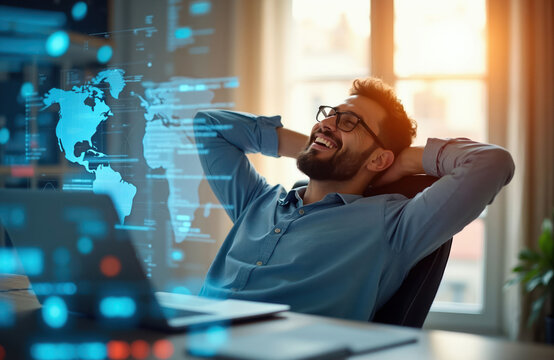 Man relaxes in office chair with hands behind head. Futuristic digital world map hologram displays on screen. Laptop shows data charts on table.