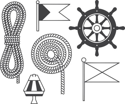 Nautical rope, flags, ship wheel, buoy maritime