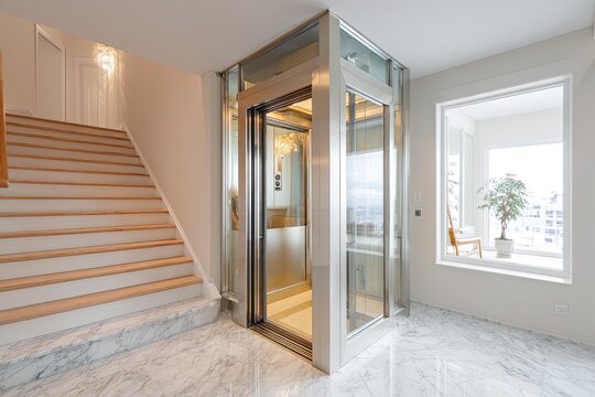 Modern residential elevator with glass walls beside a marble staircase