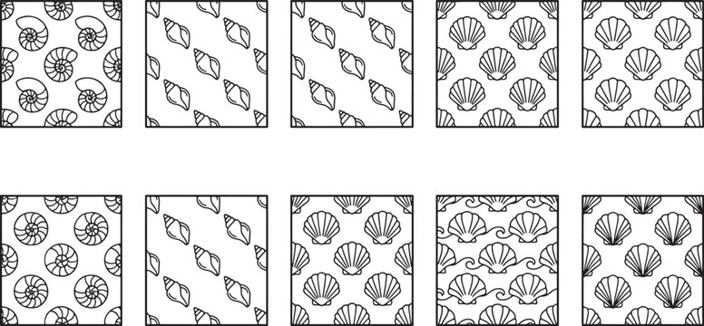 Set of ten black and white seamless patterns featuring various sea shells and marine life illustrations for fabric textile wallpaper and decorative print designs in a hand drawn style Vector