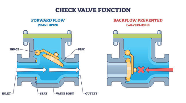 Check valve function illustrates flow one-way, open for forward flow and closed to stop backflow with hinged disc in valve body, key objects, disc, hinge, arrows. Diagram