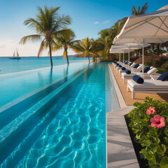 Fototapeta premium Luxury Tropical Resort Swimming Pool With Palm Trees and Blue Water