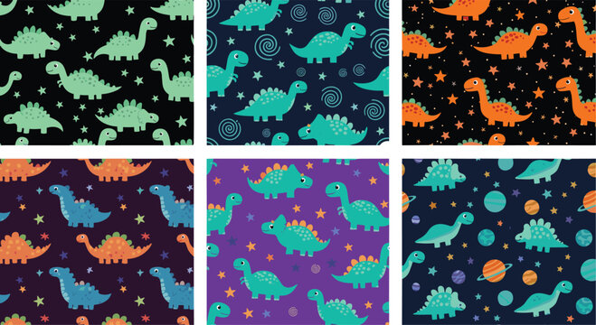Dinosaur Pattern Collection Featuring Colorful Dinosaurs and Stars for Kids' Designs, Wallpapers, and Fun Illustrations