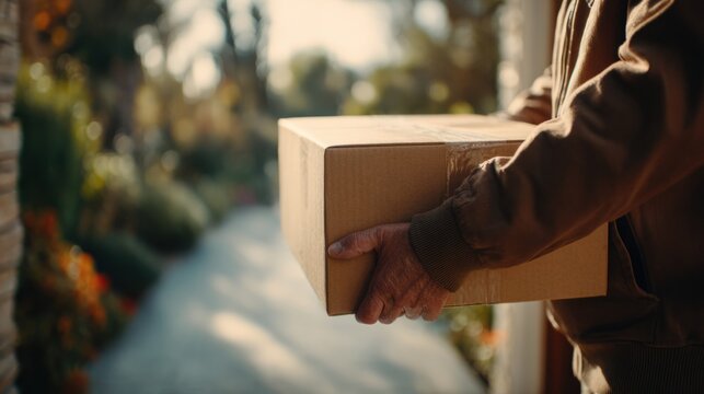 Delivery person carrying cardboard box while walking on neighborhood street