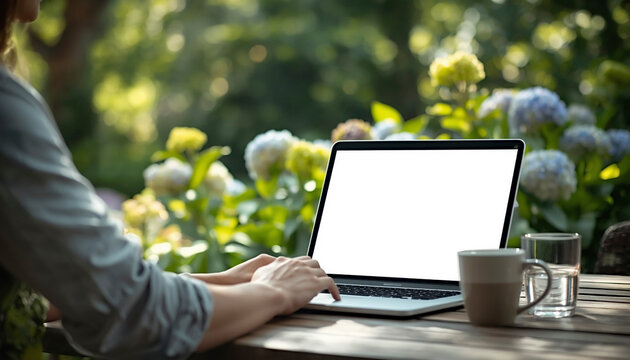 Person working on laptop with blank white screen in a sunny garden with blooming flowers