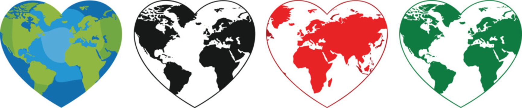 Heart-Shaped Earth Icon Set with Various Colors for Websites, Apps, and Digital Media