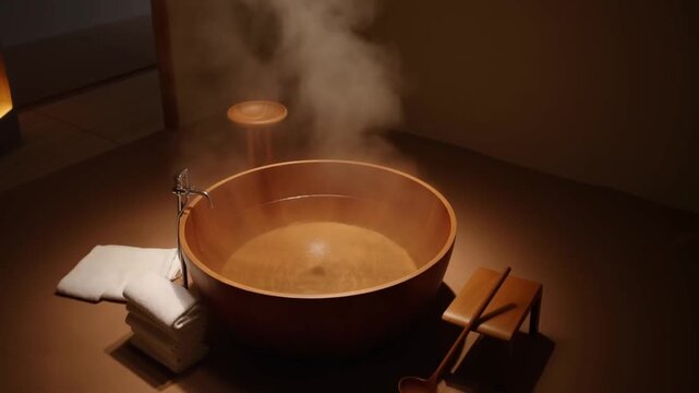 Traditional Japanese ofuro wooden bathtub, steam rising, dim warm light, bamboo, serene bathing ritual. Concept for Japanese wellness