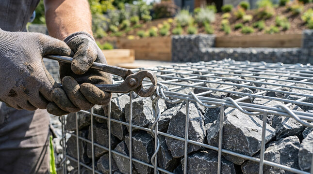 A person constructs a gabion wall with rocks and wire mesh in a garden using gloves and pliers.
