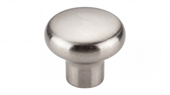 Brushed metal round cabinet knob shown in a detailed studio product photo on white background