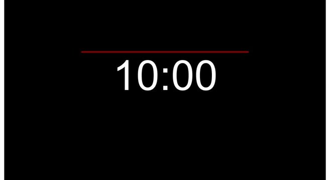 Digital countdown timer 10:00 minutes with red progress line animation