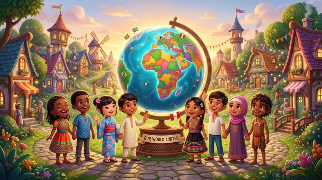 Kids from Different Cultures with Globe in Whimsical Village