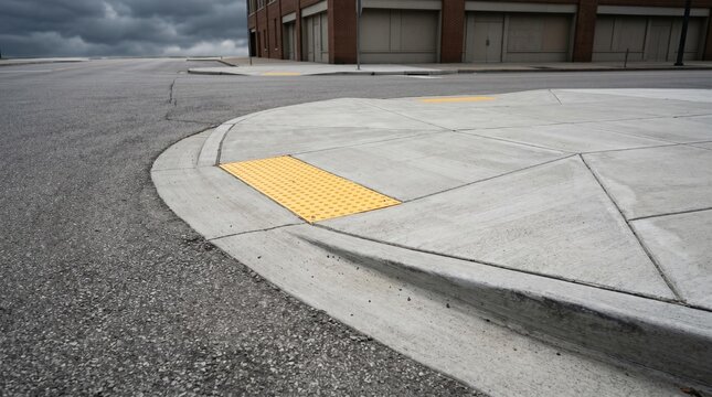Accessible street corner with yellow tactile paving for the visually impaired.