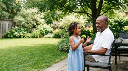 Fototapeta premium African American grandfather and granddaughter bonding outdoors in garden.