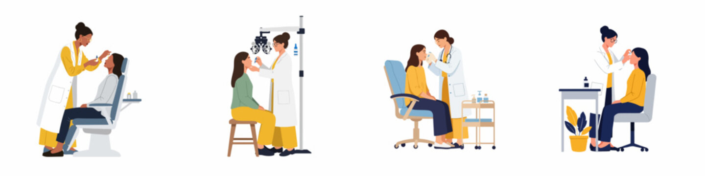 Set of flat vector illustrations depicting professional ophthalmologists applying eye drops to patients during clinical eye examinations in various medical office settings.
