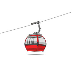 Red ski lift gondola suspended on cable against white background, modern transport © Mamix