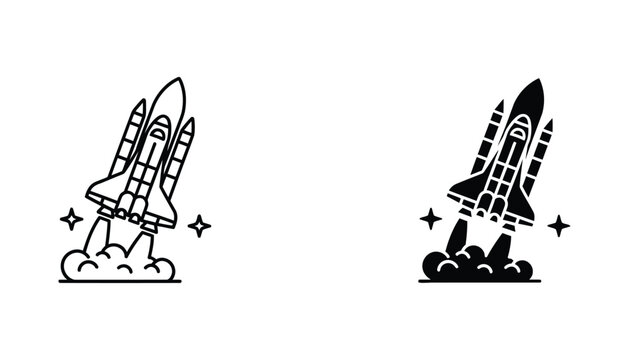 Space shuttle launching with stars and smoke in line art and solid black vector icon for aerospace and space exploration branding