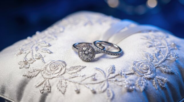 Elegant Silver Wedding Rings on White Embroidered Pillow
