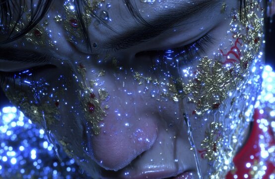 A close-up portrait of a person with tears streaked with gold glitter and red accents.