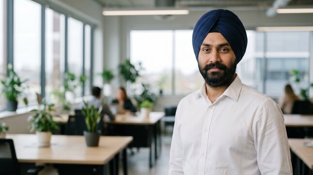 Sikh professional man in blue turban standing in modern bright office