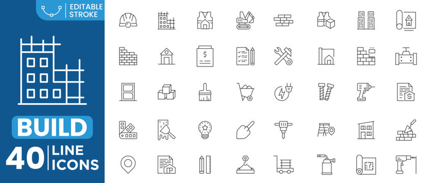Build and Construction Line Icons Collection for Architecture Blueprint Engineering Tools Industrial Equipment Contractor Symbols and Housing Development Editable Stroke