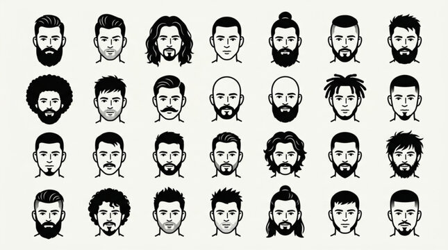 Collection of Diverse Male Hairstyles and Beards Illustrated.