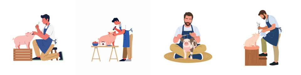 Vector illustration set of male veterinarians and farmers providing medical care, dental checkups, feeding, and grooming for domestic pigs and piglets. © Reno