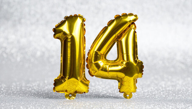 Golden balloon number 14 on shimmering silver glitter background, elegant anniversary celebration mood, clean festive composition.