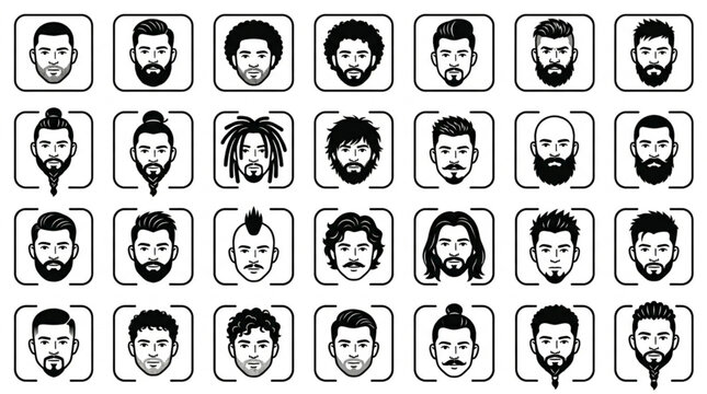 Collection of Diverse Male Hairstyles and Beards.