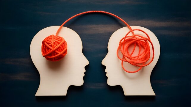 Two white human head silhouettes with tangled and organized orange yarn representing thoughts and communication