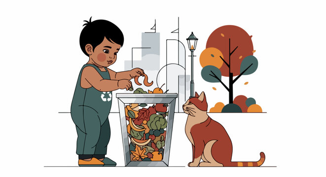 Boy sorting colorful trash into recycling bin with orange tabby cat and autumn trees. Eco-friendly sorting concept for environmental education materials. editable vector illustration