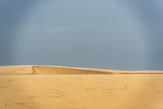 Dunes and lagoons of Atins, Lencois Maranhenses, Barreirinhas, Brazil. White sand dunes with pools of fresh water