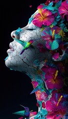 Naklejka premium A surreal portrait of a woman's face interwoven with vibrant hibiscus flowers and hummingbirds, symbolizing resilience and beauty emerging from fragility.