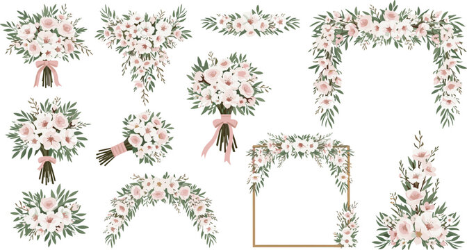 Wedding floral arrangement set with pink rose bouquets wedding arch frames and greenery branches vector illustration