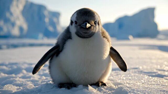 An adorable fuzzy baby emperor penguin waddles curiously across a frozen icy landscape under a bright, clear sky, showcasing immense wildlife natural beauty and its frigid polar habitat